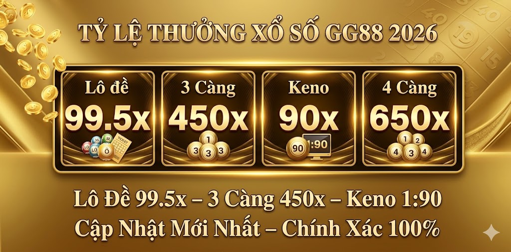 Tỷ lệ thưởng xổ số GG88 2026 – lô đề 99.5 lần, 3 càng 450 lần, Keno 1:90
